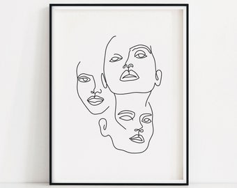 Three Faces Art Print | Black And White Face Line Art | Face Line Drawing | Female Face Line Art | Line Drawing Of Woman Face | Minimal Art