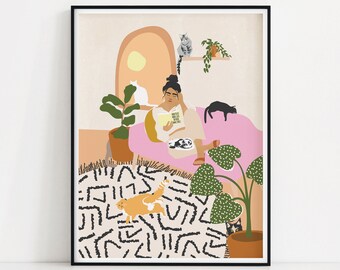 Crazy Cat Lady Art Print | Woman With Many Cats Reading A Book Poster | Boho Kitty Illustration | Simple Fiddle Leaf Fig Plant Wall Art