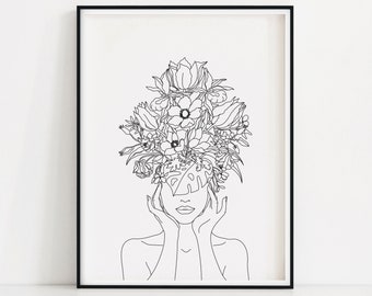 Planta cabeza mujer arte impresión / mujer con plantas en la cabeza cartel / flor mujer pared arte / mujer con la cabeza de la flor impresión / línea dibujo mujer