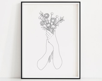 May include: Line art drawing of two hands holding a bouquet of flowers. The flowers are stylized and have a simple design.