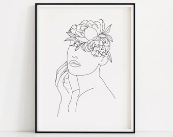 Peony Woman Art Print | Femme avec l’affichage de tête de fleur | Mur de visage de fleur art | Impression murale de femme de fleur | Femme de dessin de ligne | Art de ligne de pivoie