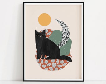 Floral Cat Art Print | Flower Pattern Kitten Poster | Black Cat And Moon Printable | Abstract Pet Kitty Wall Art | Cute Domestic Cat Print