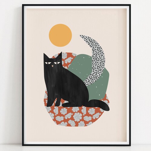 Black Floral Cat A4 Art Print Etsy