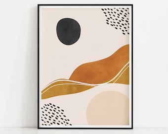 Impression d’art de formes pointillées | Affiche de paysage abstraite | Impression d’art de forme minimaliste | Art moderne | Modèle de point | Art de l’orange brûlée et de la moutarde