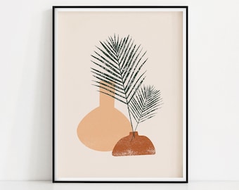 Palm Leaf Vase Art Print | Terracotta Pot Wall Art | Clay Pottery Poster | Abstract Pottery Wall Print | Minimalist Plant Art | Tropical Art