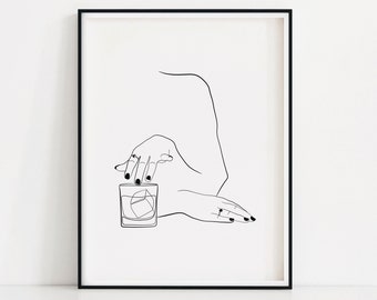 Whiskey Woman Art Print / Line Drawing Whiskey Glass / Old Fashioned Cocktail Poster / Female Drinking Bourbon Wall Art / Whiskey Lover Art