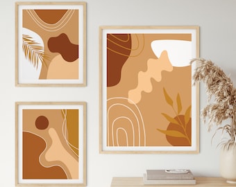 Abstract Boho Shapes Art Set of 3 Prints | Terracotta Theme Poster Bundle | Organic Wall Art Collection | Earth Tone Botanical Print Set