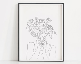 Rose Head Art Print | Woman With Flowers Poster | Rose Bouquet Wall Art | Line Drawing Roses | Printable Flower Head Art | Line Art Woman