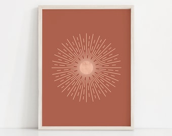 Pink Sunburst Art Print | Rust Color Wall Art | Minimalist Sunburst Wall Print | Abstract Mid Century Modern Poster | Modern Sun Poster
