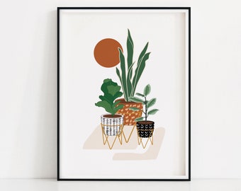 Planter Art Print | Potted Plant Poster | House Plants Wall Art | Printable Botanical Art | Snake Plant Wall Print | Rubber Plant Poster