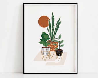 Planter Art Print | Potted Plant Poster | House Plants Wall Art | Printable Botanical Art | Snake Plant Wall Print | Rubber Plant Poster