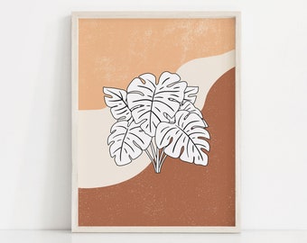 May include: A printable art print featuring a white line drawing of tropical leaves on a background of orange, brown, and cream.