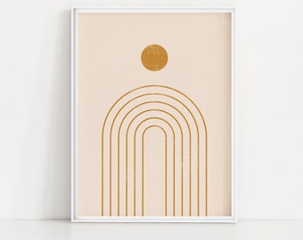 May include: A digital print with a minimalist design featuring a peach background with a gold circle and a series of concentric gold arches.