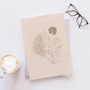 May include: A beige print with a line drawing of a bouquet of flowers in a circle with a brown watercolor background.