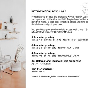 May include: Printable art download with text that reads "Instant Digital Download". The text describes the different sizes available for printing, including 2:3, 3:4, 4:5 ratios, and ISO standard sizes. The text also includes the phrase "Want a custom size print? Feel free to contact me!"