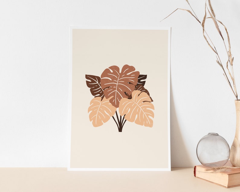 Monstera Leaves Art Print | Earth Tone Art Poster | Neutral Wall Art | Boho Plant Poster | Tropical Plant Wall Art | Monstera Plant Poster image 2