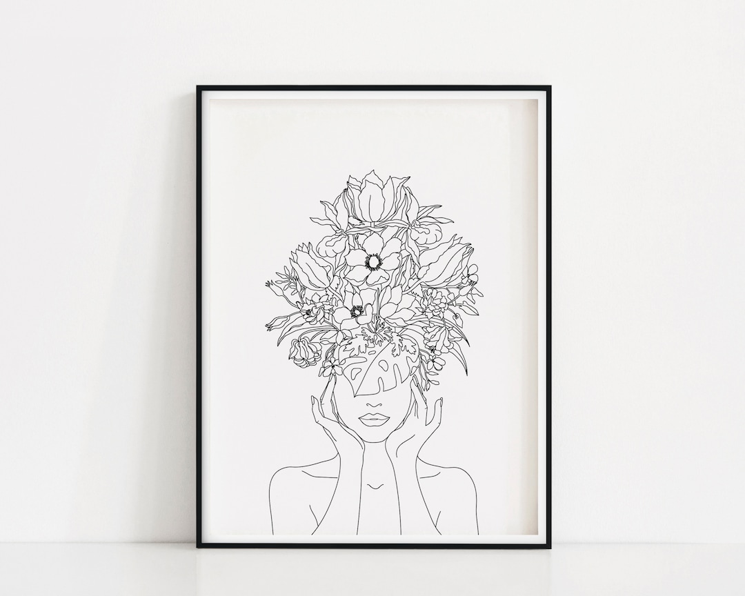 Pflanze Kopf Frau Kunstdruck | Frau mit Pflanzen auf Kopf Poster | Blume Frau Wandkunst | Frau mit Blumenkopf Druck | Linie Zeichnung Frau