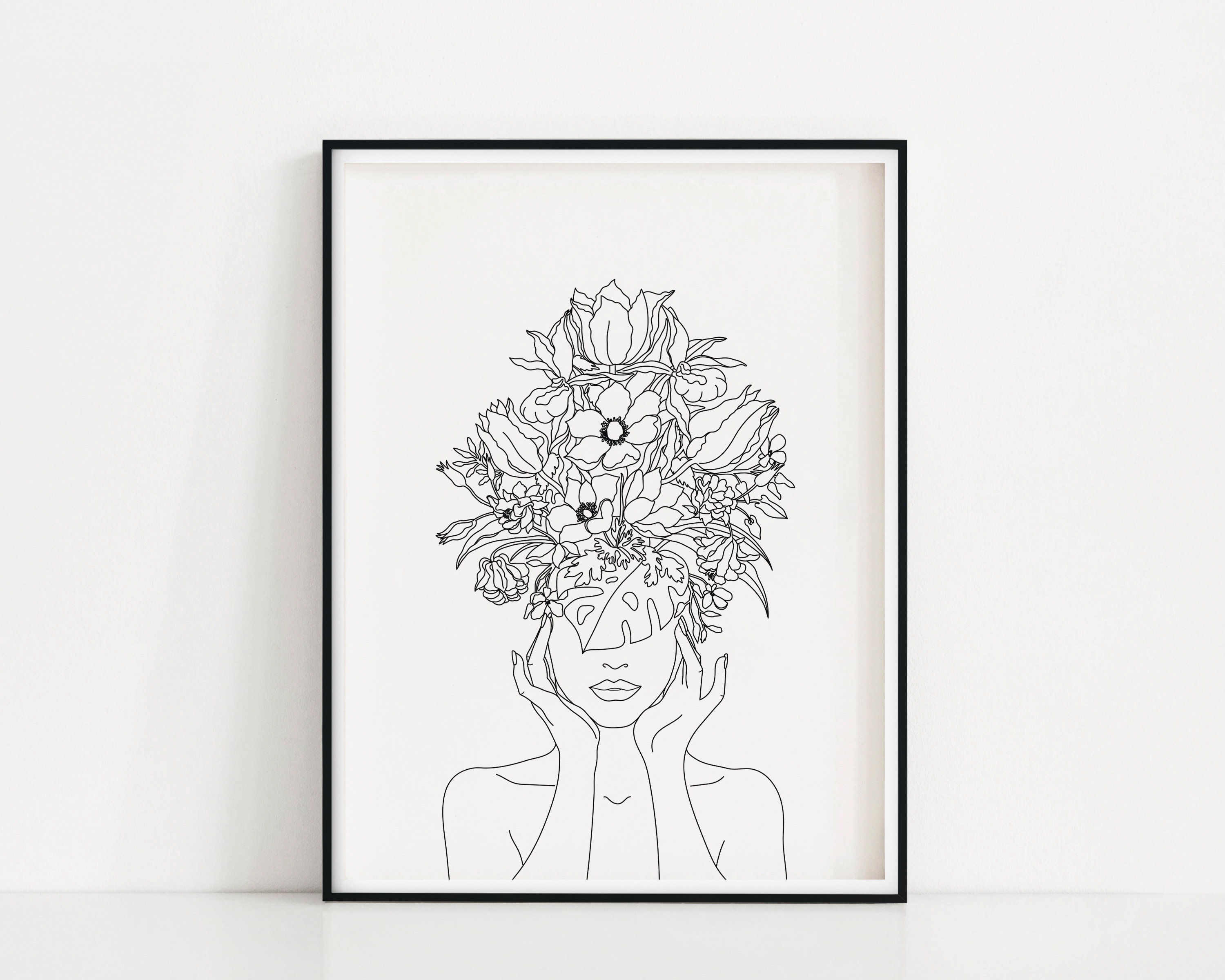 Pflanze Kopf Frau Kunstdruck | Frau mit Pflanzen auf Kopf Poster | Blume Frau Wandkunst | Frau mit Blumenkopf Druck | Linie Zeichnung Frau