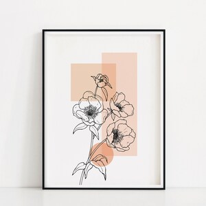 May include: A black and white line drawing of a flower with peach colored geometric shapes behind it.