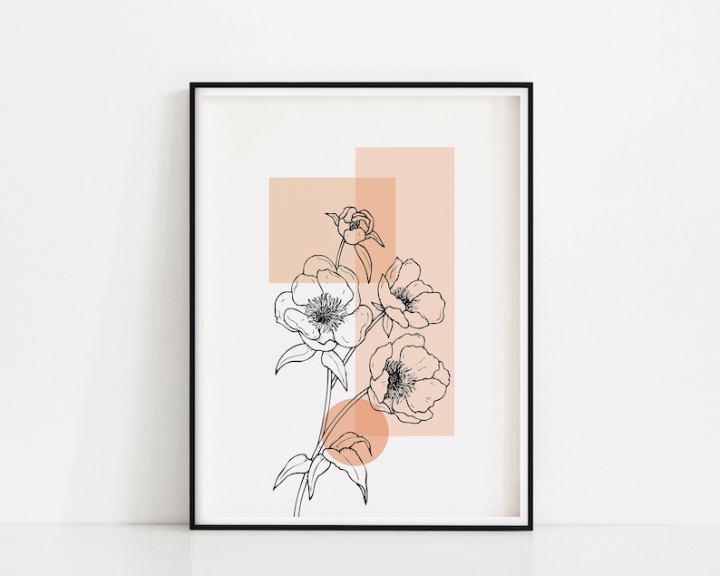 May include: A black and white line drawing of a flower with peach colored geometric shapes behind it.