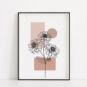 May include: A black and white line drawing of flowers with pink geometric shapes behind them. The flowers are stylized and have a modern aesthetic.