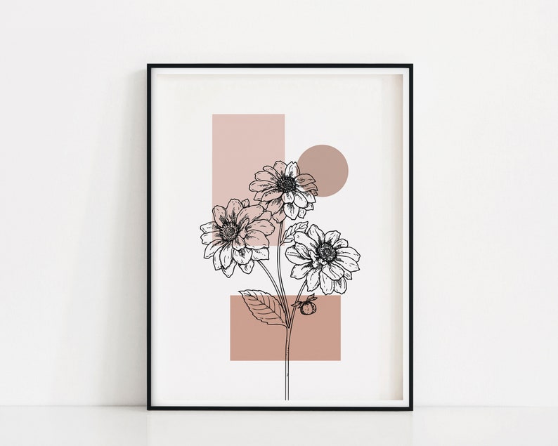May include: A black and white line drawing of flowers with pink geometric shapes behind them. The flowers are stylized and have a modern aesthetic.