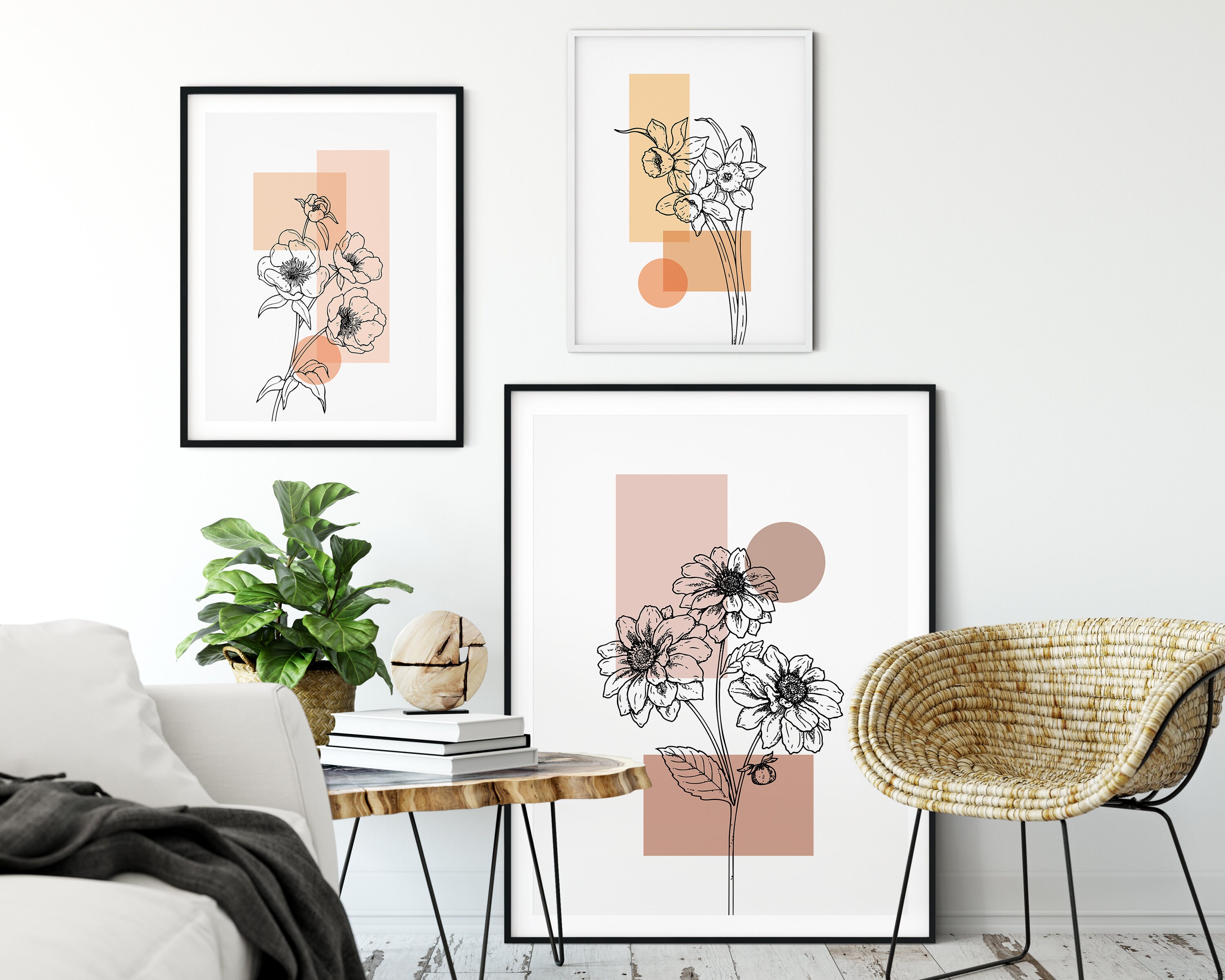 Flower Art Set of 3 Prints | Line Art Flower Poster Bundle | Daffodil ...