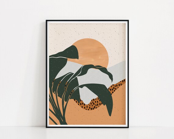 Bird Of Paradise Art Print | Abstract Nature Printable | Polkadot Pattern Landscape Poster | Mountain Sunrise Wall Art | Sunset Hills Print