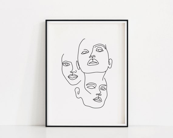 Three Faces Art Print Black And White Face Line Art Face ...