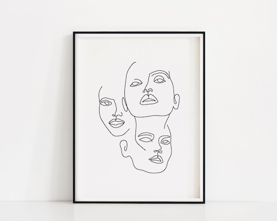 Three Faces Art Print Black And White Face Line Art Face ...