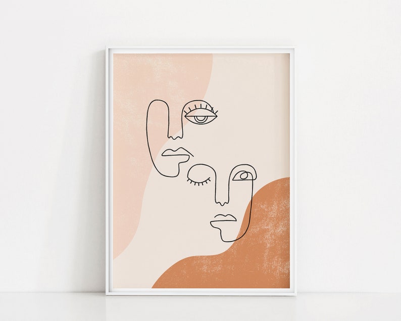 Puede incluir: Impresi&oacute;n de arte de l&iacute;nea abstracta de dos caras con ojos cerrados y abiertos. El fondo es de color rosa y naranja suave.