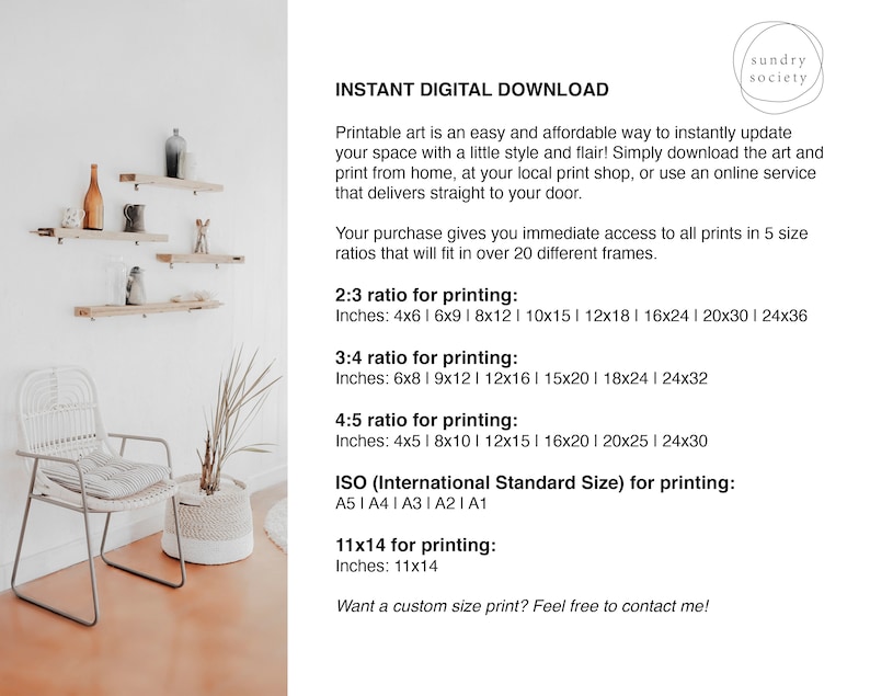 Puede incluir: Descarga de arte imprimible con texto que dice "Descarga digital instant&aacute;nea". El texto describe los diferentes tama&ntilde;os disponibles para imprimir, incluyendo las proporciones 2:3, 3:4, 4:5 y los tama&ntilde;os est&aacute;ndar ISO. El texto tambi&eacute;n incluye la frase "&iquest;Quieres una impresi&oacute;n de tama&ntilde;o personalizado? No dudes en contactarme!"