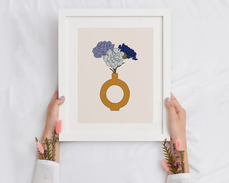 Donut Vase Art Print Shades of Blue Carnation Flower Poster Etsy