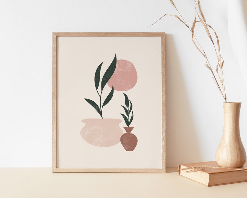 Plants In Pots Art Print France Affiche rose blush Impression couleur rose Brush Stroke Art botanique Usine de peinture numérique Feuilles de course de peinture image 5