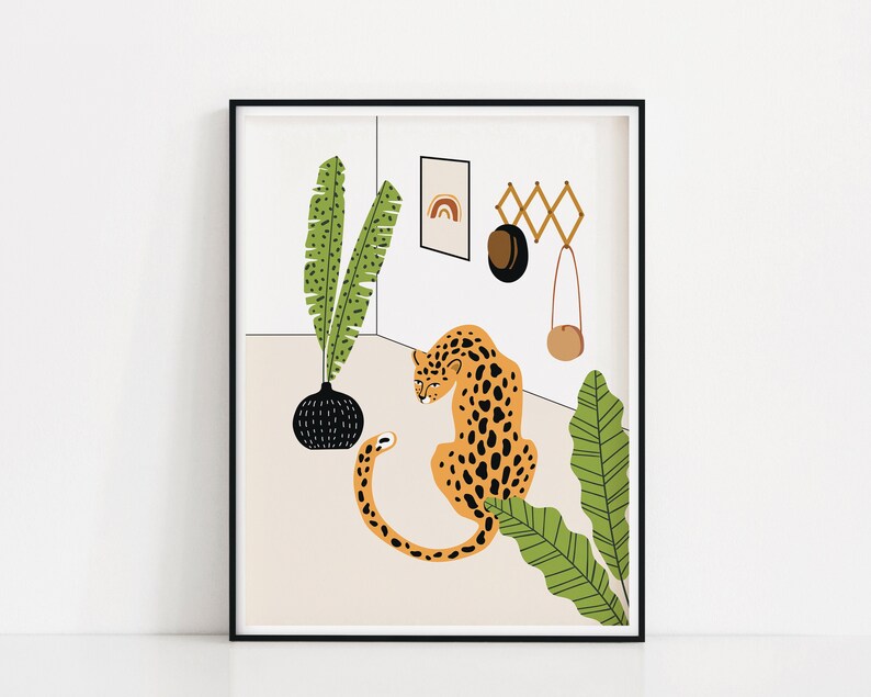 May include: A digital illustration of a leopard with black spots sitting on a beige floor with green plants and a black vase. The leopard is curled up with its head down. The background is a white wall with a rainbow and a wooden rack with a brown hat and a brown bag hanging from it.