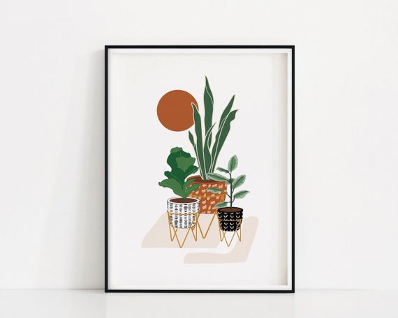Planter Art Print | Potted Plant Poster | House Plants Wall Art | Printable Botanical Art | Snake Plant Wall Print | Rubber Plant Poster