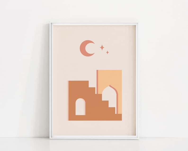 May include: A digital illustration of a mosque with a crescent moon and stars in the background. The mosque is depicted in shades of brown and orange.