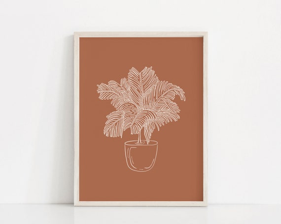 House Plant Art Print | Brown Color Botanical Art | Line Art Plant Poster | Line Drawing Of Potted Plant | Plant Sketch | Minimal Plant Art