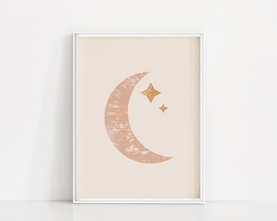 Night Sky Art Print | Pink Moon Poster | Printable Crescent Moon Art | Minimalist Moon Poster | Stars In Sky Wall Art | Boho Moon Wall Print