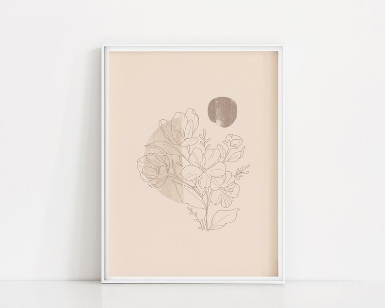 May include: A minimalist line art print of a floral bouquet with brown abstract shapes on a light peach background.