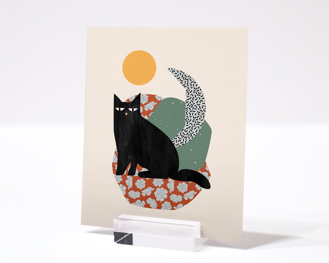 Floral Cat Art Print Flower Pattern Kitten Poster Black Etsy