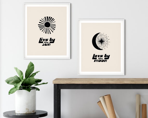 Celestial Art Set of 2 Prints | Live By The Sun Love By The Moon Quote | Minimal Gallery Wall | Sun And Moon Poster Bundle | Spiritual Art