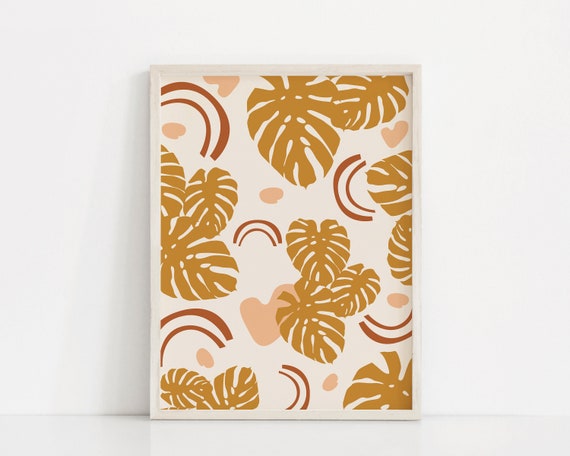 Abstract Botanical Art Print | Neutral Color Wall Art | Minimal Organic Shape Poster | Monstera Wall Print | Boho Leaves Art | Rainbow Art
