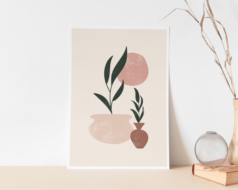 Plants In Pots Art Print France Affiche rose blush Impression couleur rose Brush Stroke Art botanique Usine de peinture numérique Feuilles de course de peinture image 6