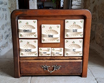 Gorgeous, vintage, Czechoslovakian, wood and ceramic spice rack / kitchen storage. Circa 1950's
