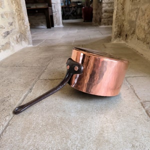 Beautiful, professional quality, 20cm antique, French, 3mm, hand hammered copper pan by E. Dehilleran of Paris. Circa early 1900&#39;s