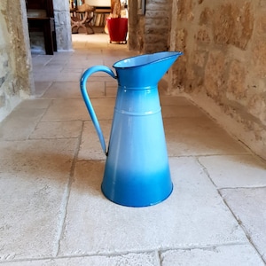 Absolutely beautiful, large, vintage, French, 1950&#39;s, two-toned blue enamelled milk jug / pitcher