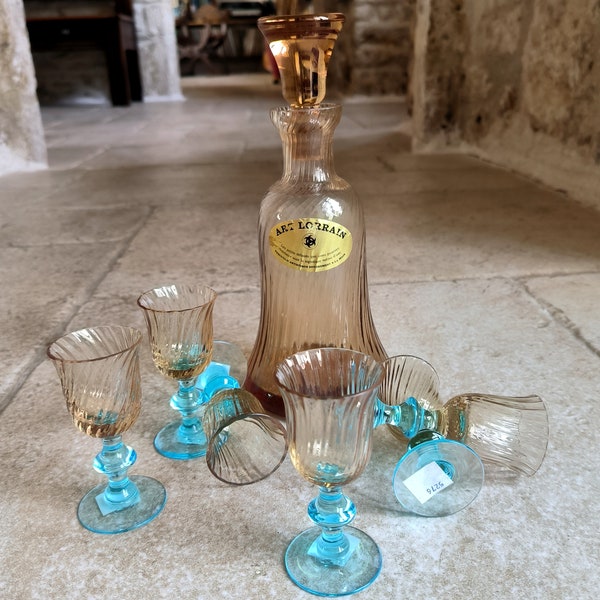 Stunning, vintage, French, Art Lorrain, Amber and blue glass, Service Liqueur Carafe set by Verreries Lorraines Crystal. Circa 1950's / 60's