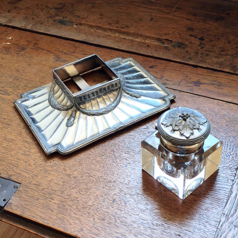 Crystal Ink Pot Very Beautiful, Antique, French, Art Deco, Silver Plated Bronze Inkwell ...