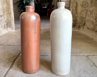 Very beautiful pair of, vintage, French, handmade, glazed stoneware beer / drinking bottles. Circa 1950's / 60's